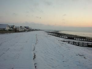 Snow covered beach at dawn